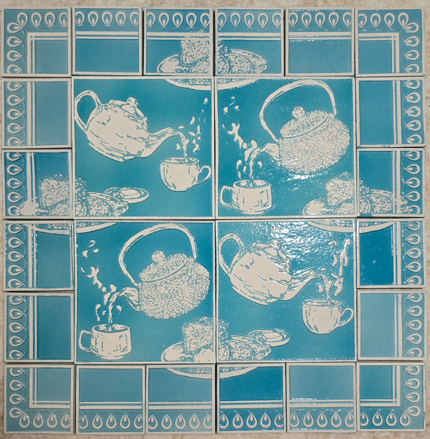 Teapots (4) w/ Border Tiles #1 - Turquoise Blue