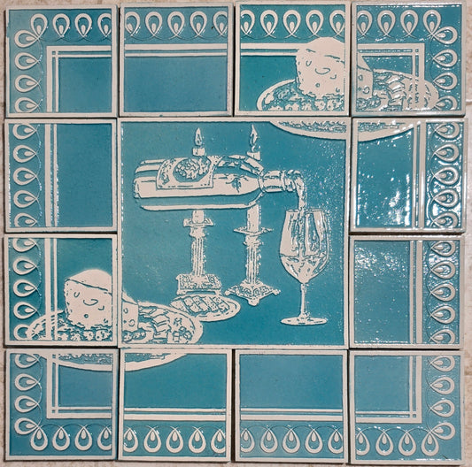 Wine Bottle (1) Pouring Right into Wine Glass w/ Border Tiles