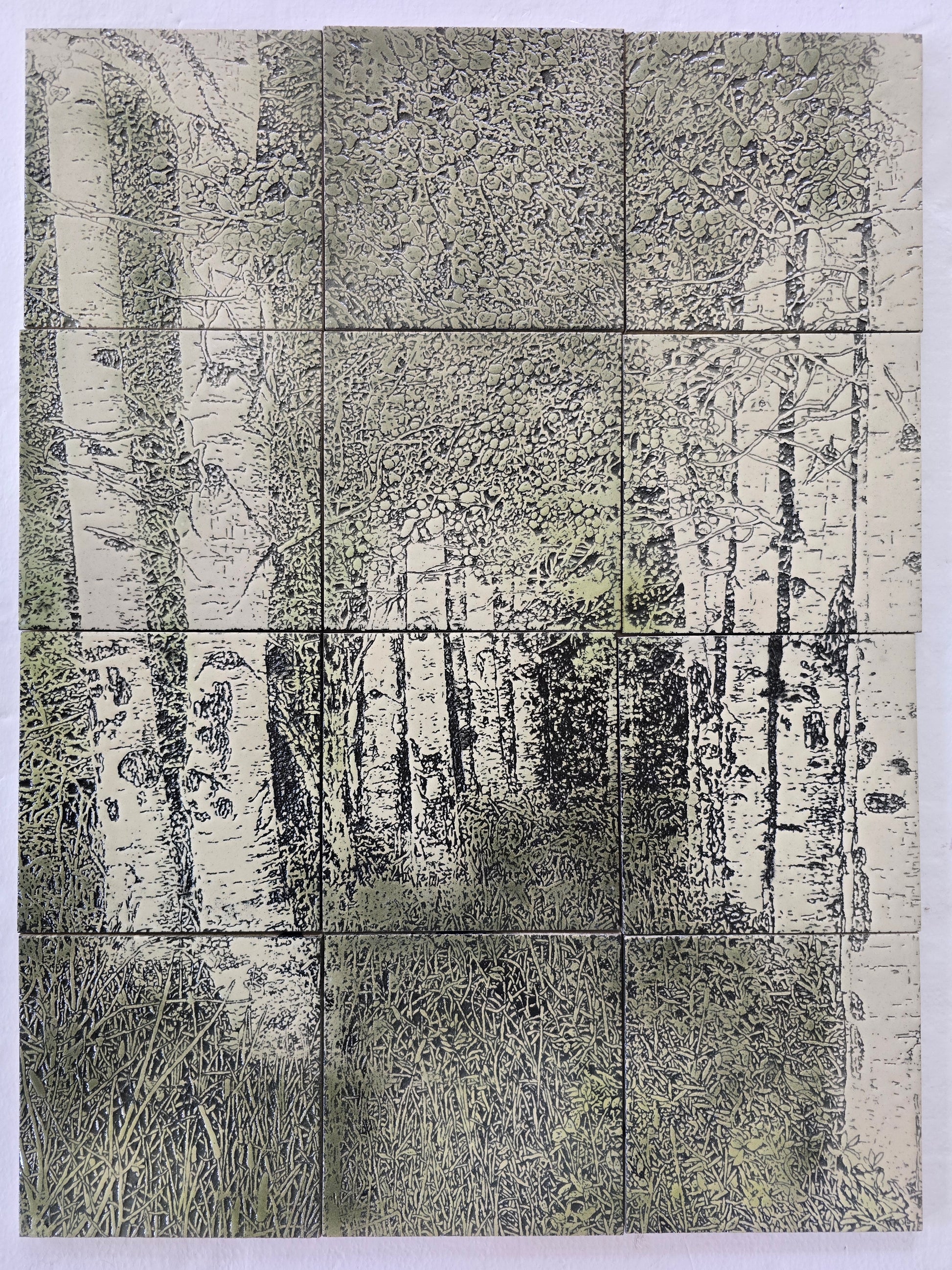 This is a front view of a mural of 12 handmade tiles showing a path through an aspen grove. 
These tiles are handmade porcelain ceramic tiles that could be installed as kitchen wall tiles, kitchen backsplash tiles. 
This image is intended to remind us of our connection to nature.