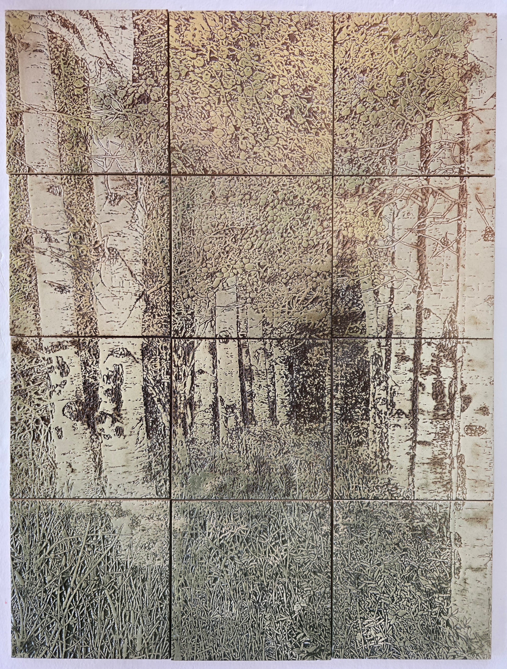 This is a front view of a mural of 12 handmade tiles showing a path through an aspen grove. 
These tiles are handmade porcelain ceramic tiles that could be installed as kitchen wall tiles, kitchen backsplash tiles. 
This image is intended to remind us of our connection to nature.