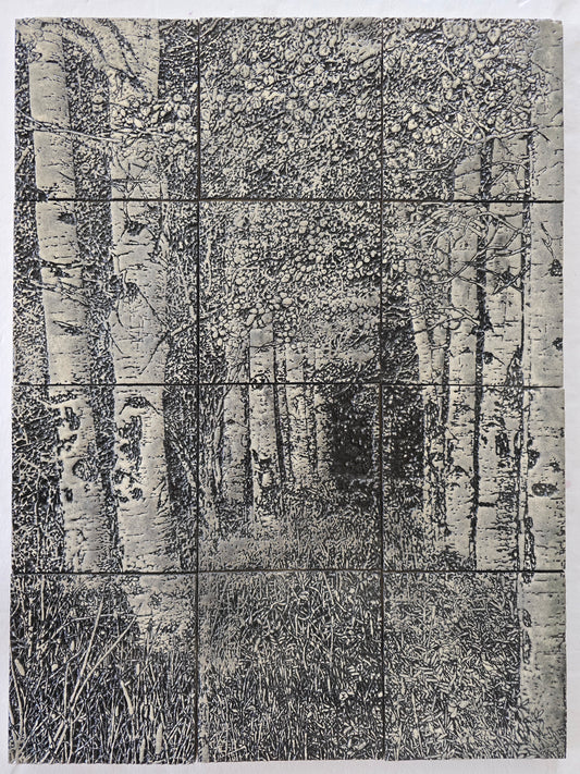 This is a front view of a mural of 12 handmade tiles showing a path through an aspen grove. 
These tiles are handmade porcelain ceramic tiles that could be installed as kitchen wall tiles, kitchen backsplash tiles. 
This image is intended to remind us of our connection to nature.