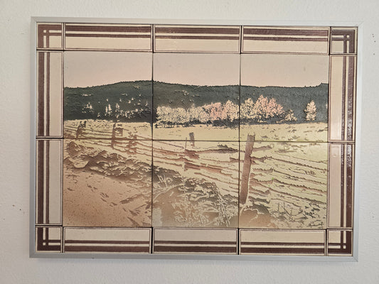 This is a front view of a mural of 12 handmade tiles showing an old ranch in the Colorado mountains. These tiles are glued to a waterproof backing board with an aluminum frame.
These tiles are handmade porcelain ceramic tiles that could be installed as kitchen wall tiles, kitchen backsplash tiles. 
This image is intended to remind us of our connection to nature.