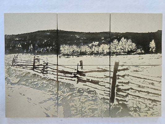 This is a front view of a mural of 12 handmade tiles showing an old ranch in the Colorado mountains in snowy conditions. 
These tiles are handmade porcelain ceramic tiles that could be installed as kitchen wall tiles, kitchen backsplash tiles. 
This image is intended to remind us of our connection to nature.