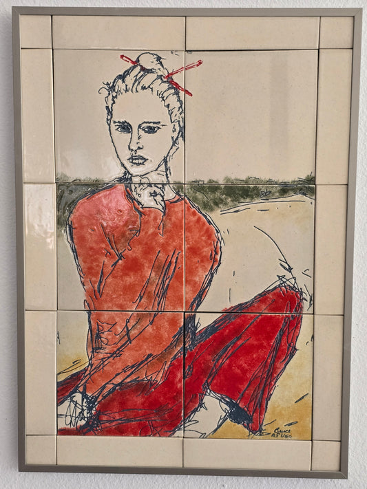 This is a front view of a set of 20 mounted and framed tiles depicting a woman with chopsticks. The woman is dressed in la light red sweatshirt and red pants. 
The tiles are made of cream-colored porcelain. they are mounted on a waterproof board and framed with an aluminum frame.