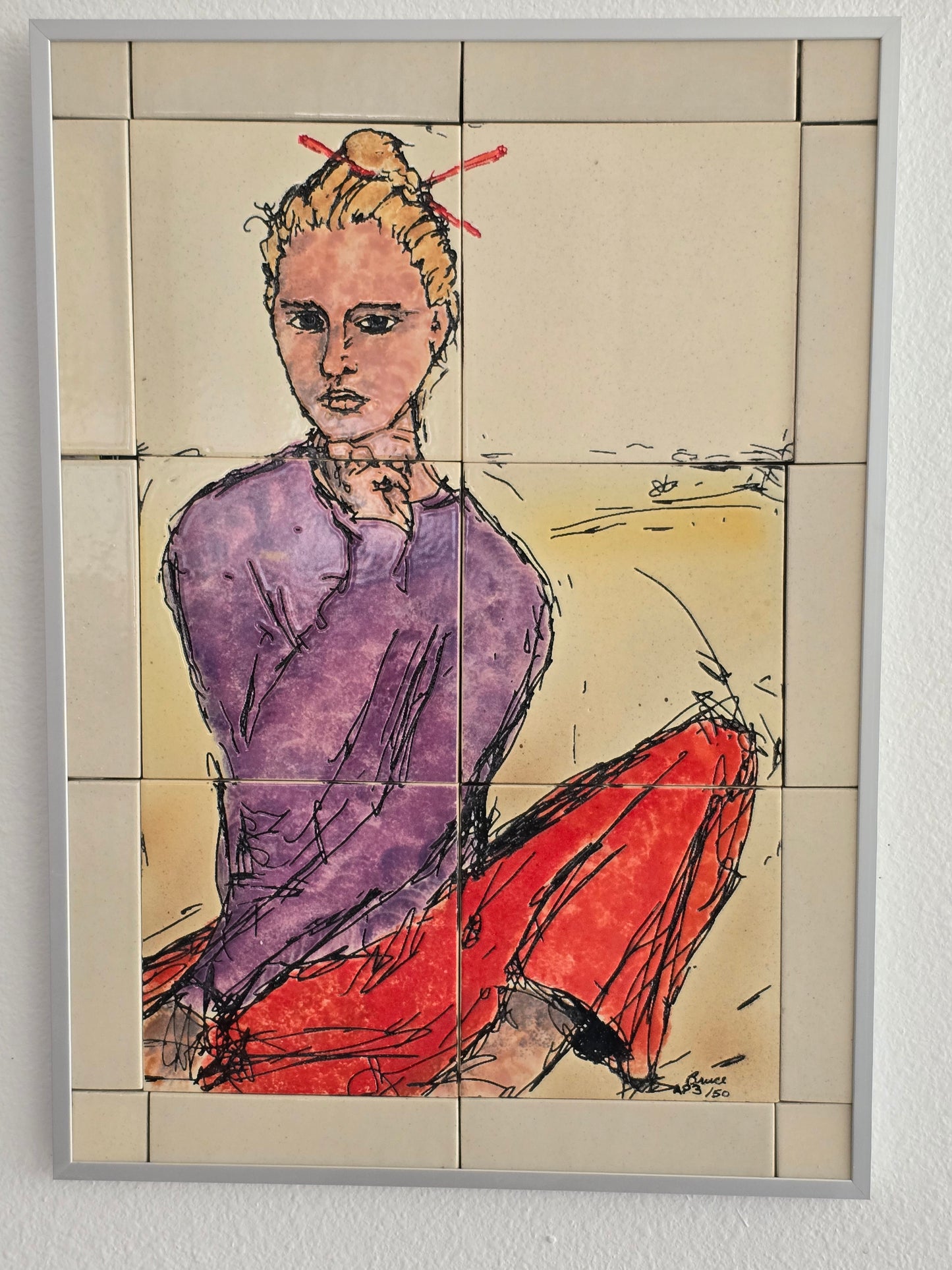 This is a front view of a set of 20 mounted and framed tiles depicting a woman with chopsticks. The woman is dressed in a purple sweatshirt and red pants. 
The tiles are made of cream-colored porcelain. they are mounted on a waterproof board and framed with an aluminum frame.