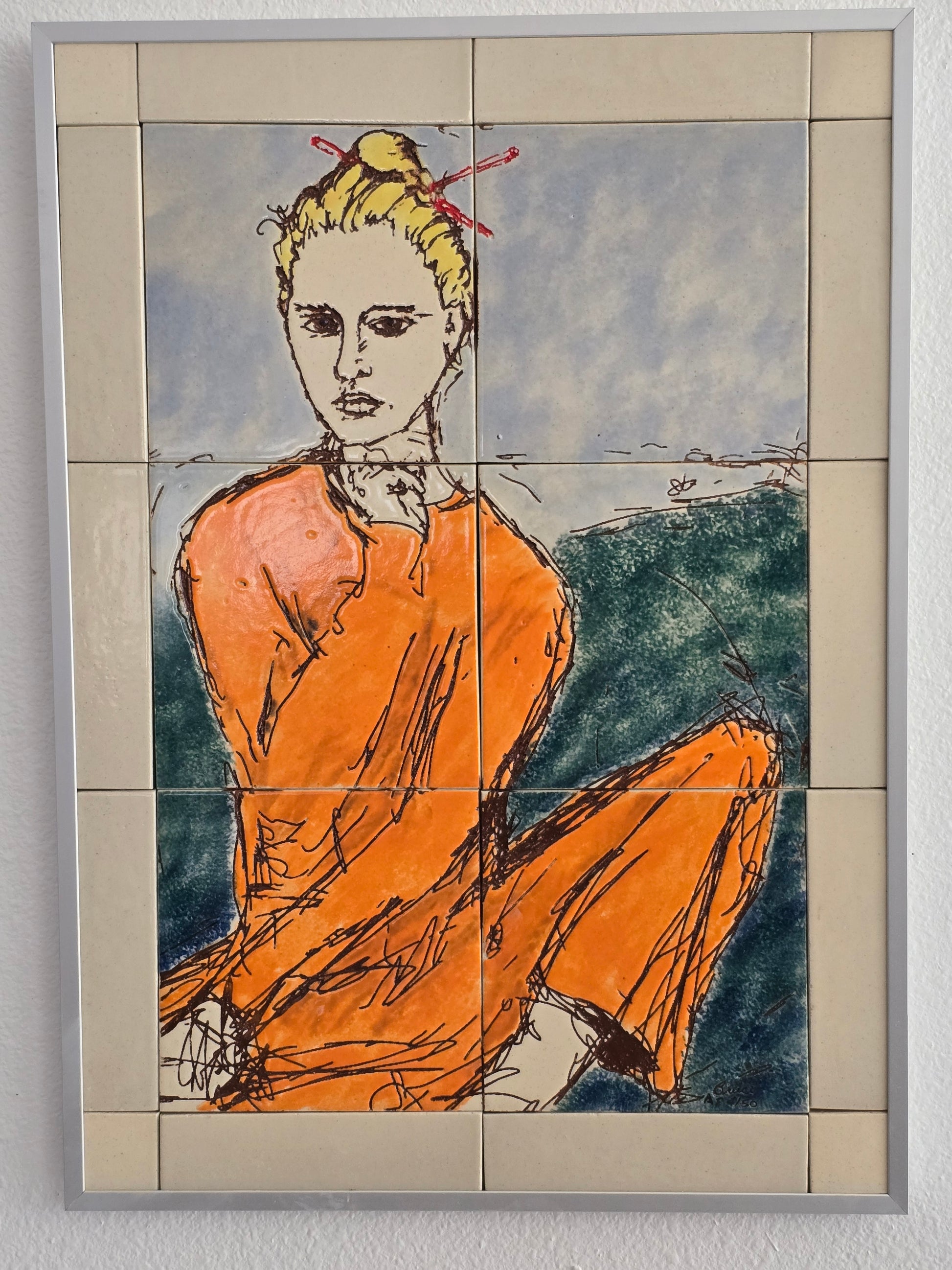 This is a front view of a set of 20 mounted and framed tiles depicting a woman with chopsticks. The woman is dressed in an orange sweatshirt and pants with a green and blue background. 
The tiles are made of cream-colored porcelain. they are mounted on a waterproof board and framed with an aluminum frame.